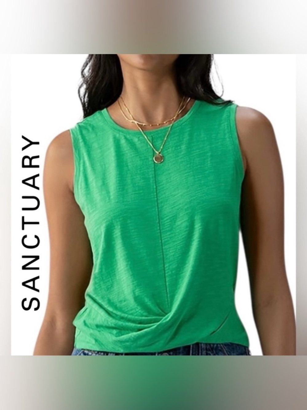 Sanctuary Sleeveless Crew Neck Slub Knit Twist Front Tank Size S Green